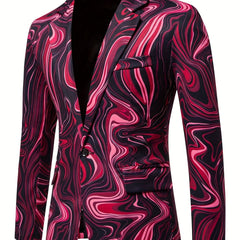 Men's Slim - Fit Geometric Print Blazer - Stylish Long Sleeve Jacket with Swirling Blue & White Pattern, Casual Polyester Suit for Fall/Winter - SHOWLU FASHION STORE