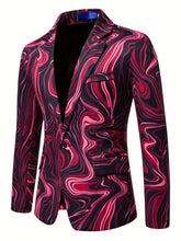 A men's slim-fit blazer featuring a swirling red, pink, and black marble-like pattern.