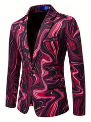 Men's Slim - Fit Geometric Print Blazer - Stylish Long Sleeve Jacket with Swirling Blue & White Pattern, Casual Polyester Suit for Fall/Winter - SHOWLU FASHION STORE