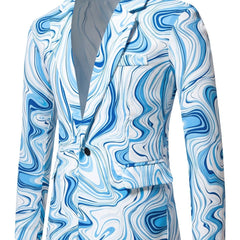 Men's Slim - Fit Geometric Print Blazer - Stylish Long Sleeve Jacket with Swirling Blue & White Pattern, Casual Polyester Suit for Fall/Winter - SHOWLU FASHION STORE