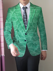 Men's Slim Fit Green Leaf Pattern Blazer - Casual American Style, Polyester & Elastane, Button Detail, All - Season Wear - SHOWLU FASHION STORE