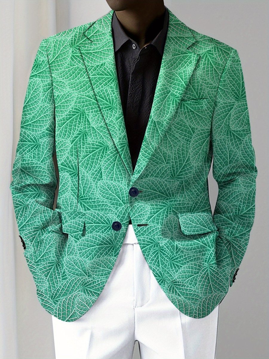 Men's Slim Fit Green Leaf Pattern Blazer - Casual American Style, Polyester & Elastane, Button Detail, All - Season Wear - SHOWLU FASHION STORE