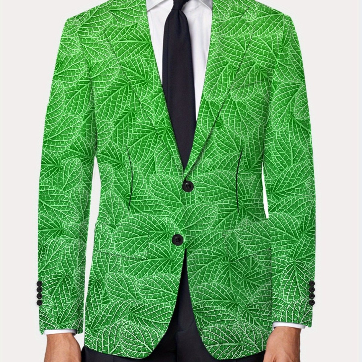 Men's Slim Fit Green Leaf Pattern Blazer - Casual American Style, Polyester & Elastane, Button Detail, All - Season Wear - SHOWLU FASHION STORE