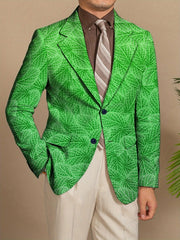 Men's Slim Fit Green Leaf Pattern Blazer - Casual American Style, Polyester & Elastane, Button Detail, All - Season Wear - SHOWLU FASHION STORE