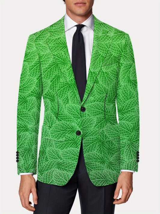 Men's Slim Fit Green Leaf Pattern Blazer - Casual American Style, Polyester & Elastane, Button Detail, All - Season Wear - SHOWLU FASHION STORE
