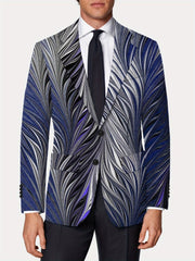 A men's slim fit blazer featuring a vibrant blue, black, and white feather-like print.