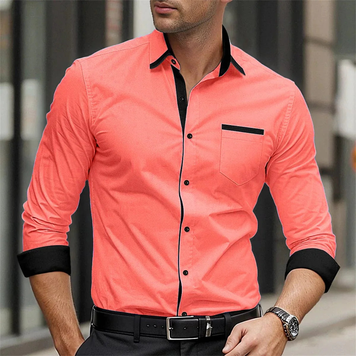 Men's solid color formal shirt, business casual printed shirt, button up lapel long sleeved shirt, fashionable street men's top - SHOWLU FASHION STORE