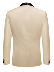 A beige men's blazer with a black shawl lapel and long sleeves, shown from the back.