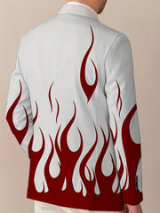 A white men's blazer featuring a red flame print pattern and a classic lapel collar.