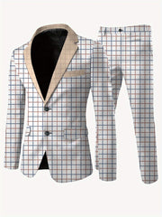 A men's casual suit featuring a white grid pattern with tan lapels and two buttons.