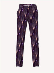 Skinny-fit men's casual trousers featuring a dark purple and light pink abstract leaf pattern.
