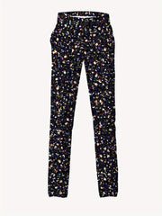 Skinny-fit men's casual trousers featuring a multicolored speckled print on a black background.