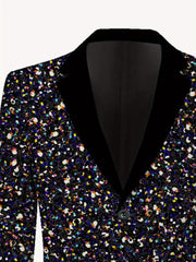 A men's casual suit jacket featuring a black velvet lapel and a multicolored glitter print.
