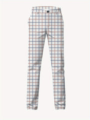 Men's skinny-fit casual trousers featuring a white base with a blue and brown grid pattern.