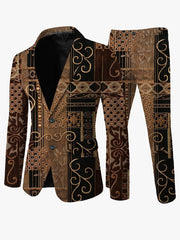 A men's casual suit featuring a brown and black patterned print with a skinny fit.