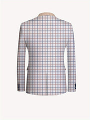 A back view of a men's skinny fit suit jacket featuring a white, blue, and brown grid pattern.