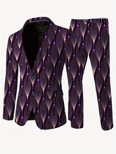 A men's skinny fit suit featuring a dark purple and black abstract leaf pattern.