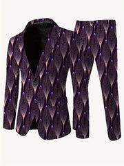 A men's skinny fit suit featuring a dark purple and black abstract leaf pattern.