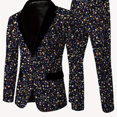 A men's skinny fit suit featuring a black velvet lapel and a multicolored glitter print.