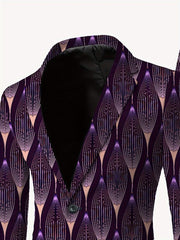 A men's casual suit jacket featuring a purple and black abstract leaf-like pattern.