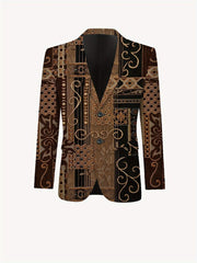 A men's casual suit jacket featuring a brown and black patterned print with a lapel collar.