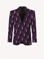 A men's casual suit jacket featuring a dark purple and black abstract leaf-like pattern.