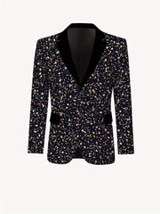 A men's casual suit jacket featuring a multicolored speckled print and black velvet lapels.
