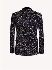 A men's casual suit jacket featuring a black base with a colorful, random speckled print.