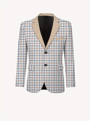 A men's casual suit jacket featuring a white grid pattern with tan lapels and two black buttons.