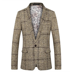 A tan plaid single-breasted blazer for men with a patterned interior lining.