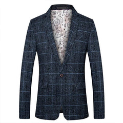 A single-breasted men's blazer in a dark blue plaid pattern with a patterned interior lining.