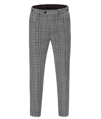 Grey plaid suit trousers with a flat front and zipper fly closure.