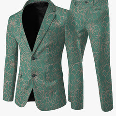 A men's two-piece suit in teal with a light pink floral line art pattern.