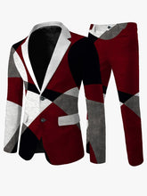 A men's suit set featuring a blazer and trousers with a geometric red, black, and grey print.