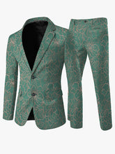 A men's two-piece suit in teal with a light pink floral line art pattern.