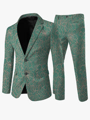 A men's two-piece suit in teal with a light pink floral line art pattern.
