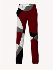 Skinny fit men's trousers featuring a geometric print in red, black, white, and grey.