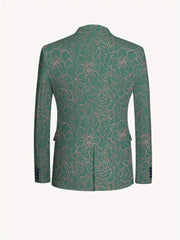 A back view of a green suit jacket featuring a light pink floral line art pattern.
