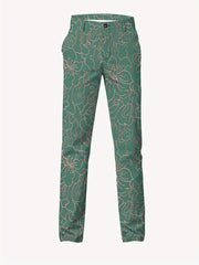 Skinny fit men's trousers in green with a light pink floral line art pattern.