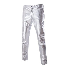 A pair of slim-fit men's trousers in a shiny metallic silver finish.