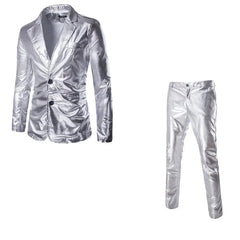 A two-piece men's suit featuring a slim-fit, single-breasted silver blazer and matching trousers.