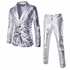 A two-piece men's suit featuring a slim-fit, single-breasted silver blazer and matching trousers.