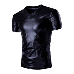 A black short-sleeved V-neck t-shirt with a shiny, metallic-like finish.