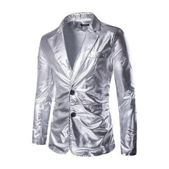 A slim-fit silver blazer with a notched collar and two-button closure.