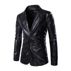 A black slim-fit men's blazer made of shiny material with a two-button closure and notched lapels.