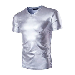 A short-sleeved, V-neck men's t-shirt in a metallic silver finish.