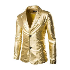 A slim-fit men's blazer in a shiny gold finish with a notched collar and two-button closure.