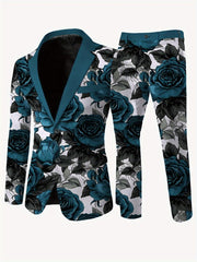 A men's skinny-fit suit set featuring a teal lapel and a blue rose floral print.