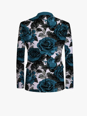 The back view of a men's suit jacket featuring a dark blue rose floral print on a light background.