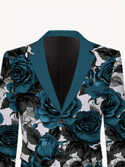 A men's suit jacket featuring a teal lapel and a white floral print with dark blue roses.